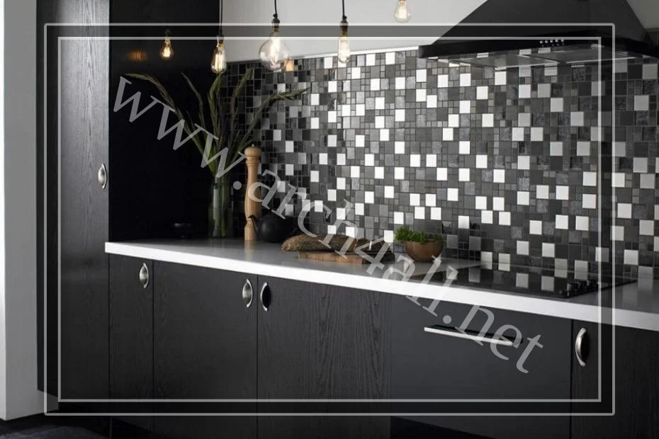 التصميم الداخلي بالموزاييك للمطيخ باستخدام الأبيض والأسود