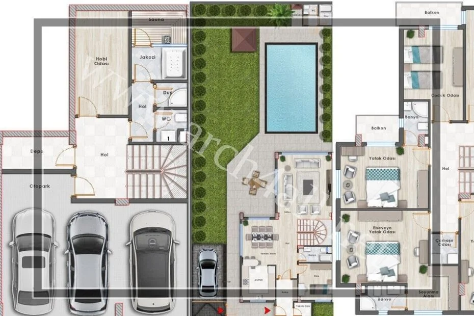 يتم تحديد موقع كل غرفة في الفيلا بشكل واضح